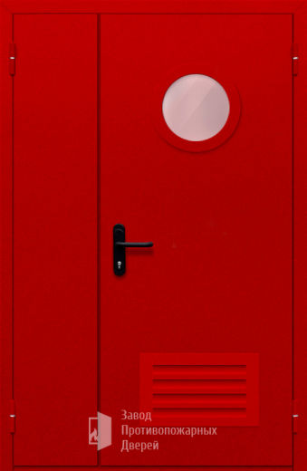 Фото двери «Полуторная с круглым стеклом и решеткой (красная)» в Химкам